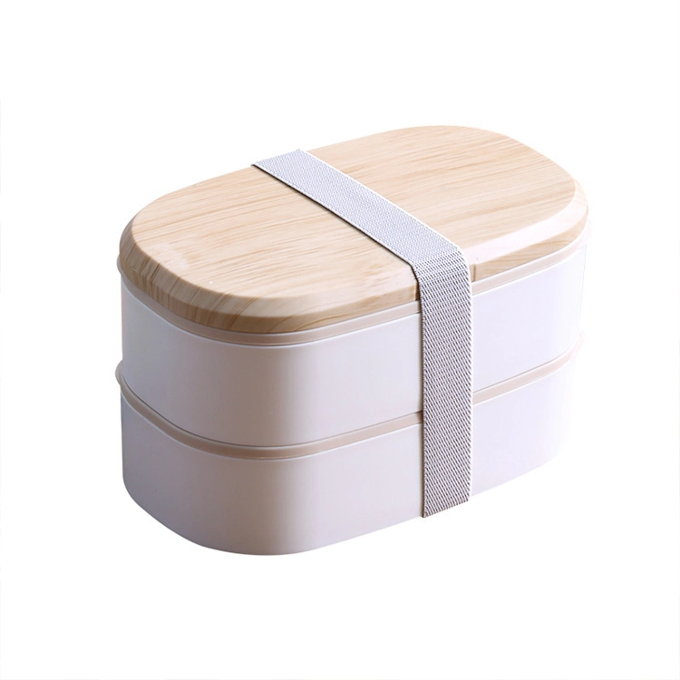 Cinto elástico em madeira de plástico amigo do ambiente 2 camadas Bento lunch Box Com utensílios recipiente de comida conjunto para adultos crianças