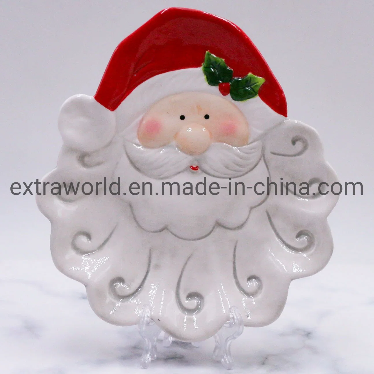 Embossed 3D Hand Painted Ceramic Santa Claus Plate Dinnerware Set of Three Tray