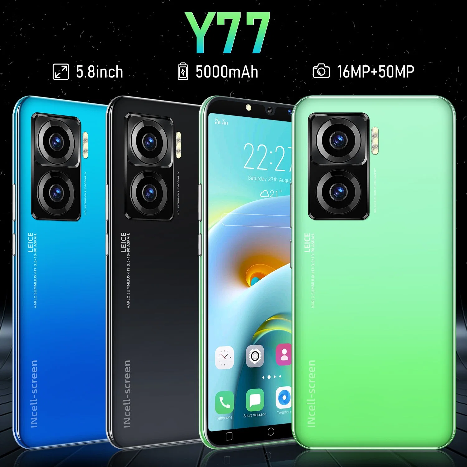 Telemóvel Y77 original de 5 g com sistema de 5.8 polegadas e 16 GB e sistema Android de 50 MP Telemóveis Android 12.0 para smartphone
