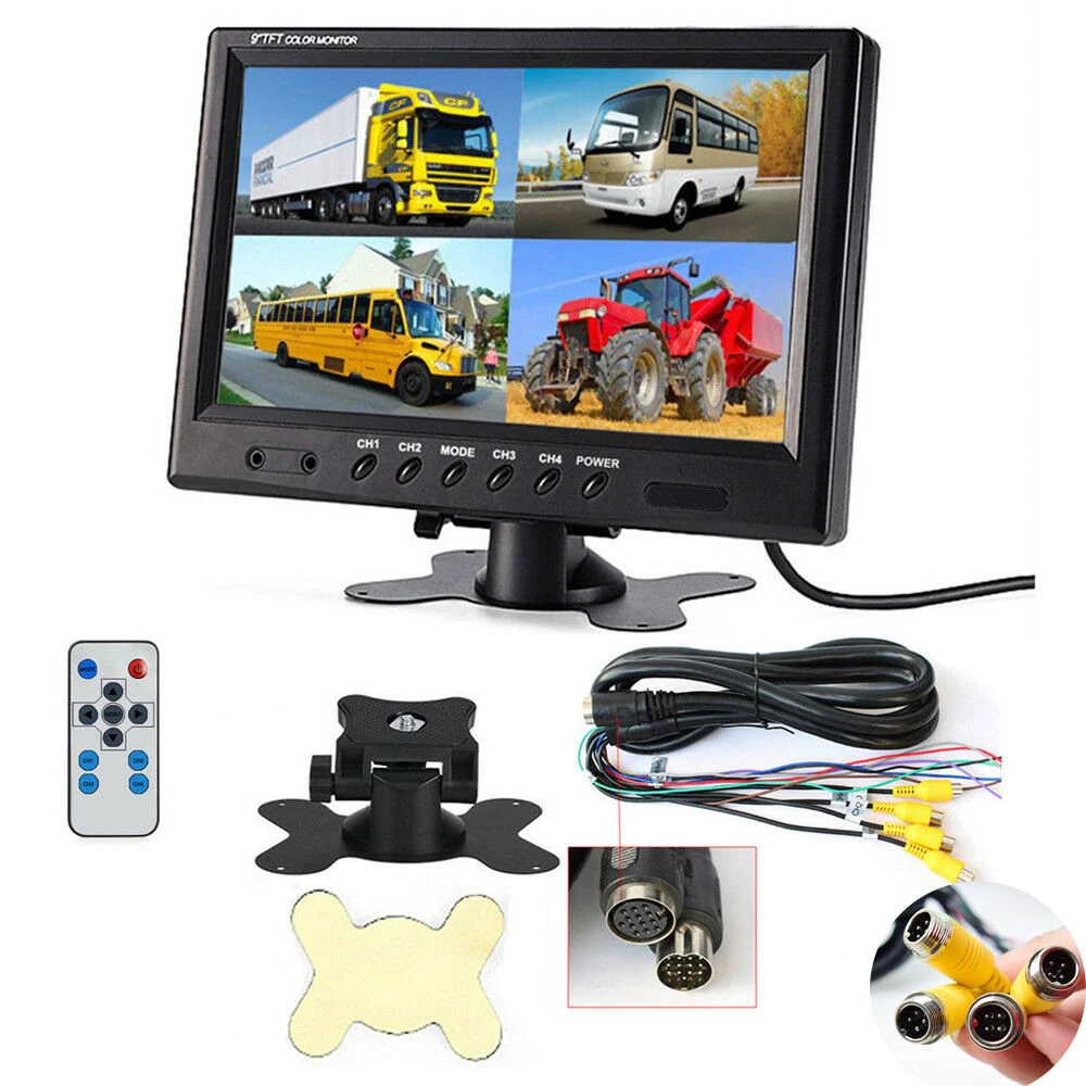 9 Inch TFT LCD Quad Monitor Splitscreen 4CH 4pin Video in 12-24V for Truck Bus Trailer