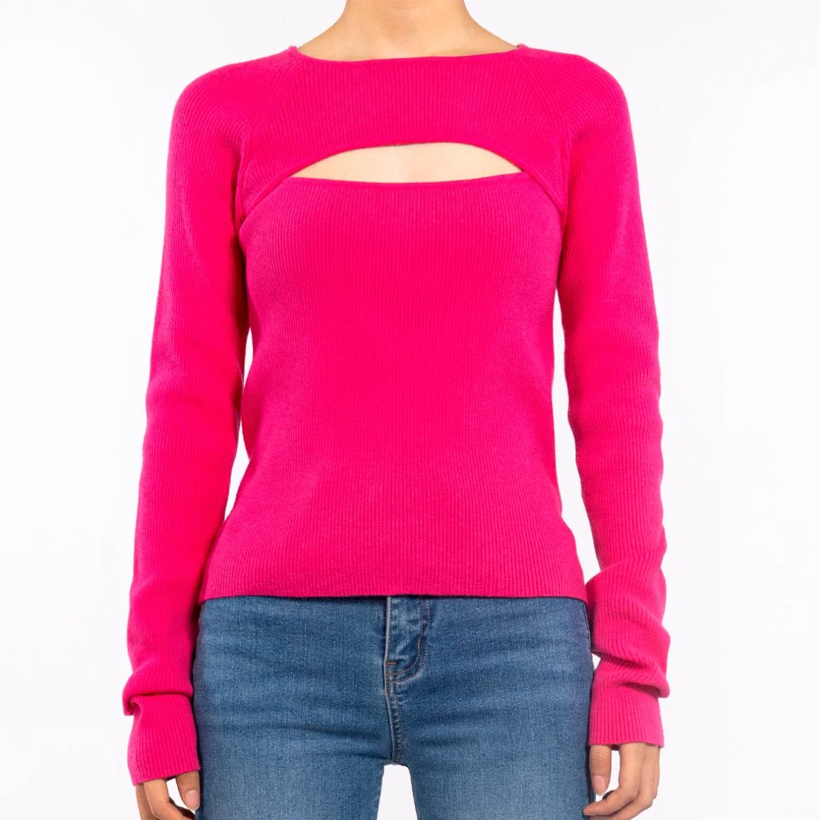 Design Womens Casual Rose Cutout Long Sleeve Knit Ribbed Sweater