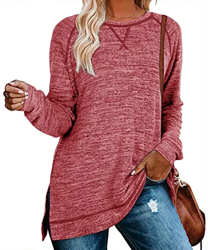 Venta caliente ligeros jerséis de Mujer Camisetas de manga larga Sudadera caliente suave lado hendido túnica Tops de Leggings