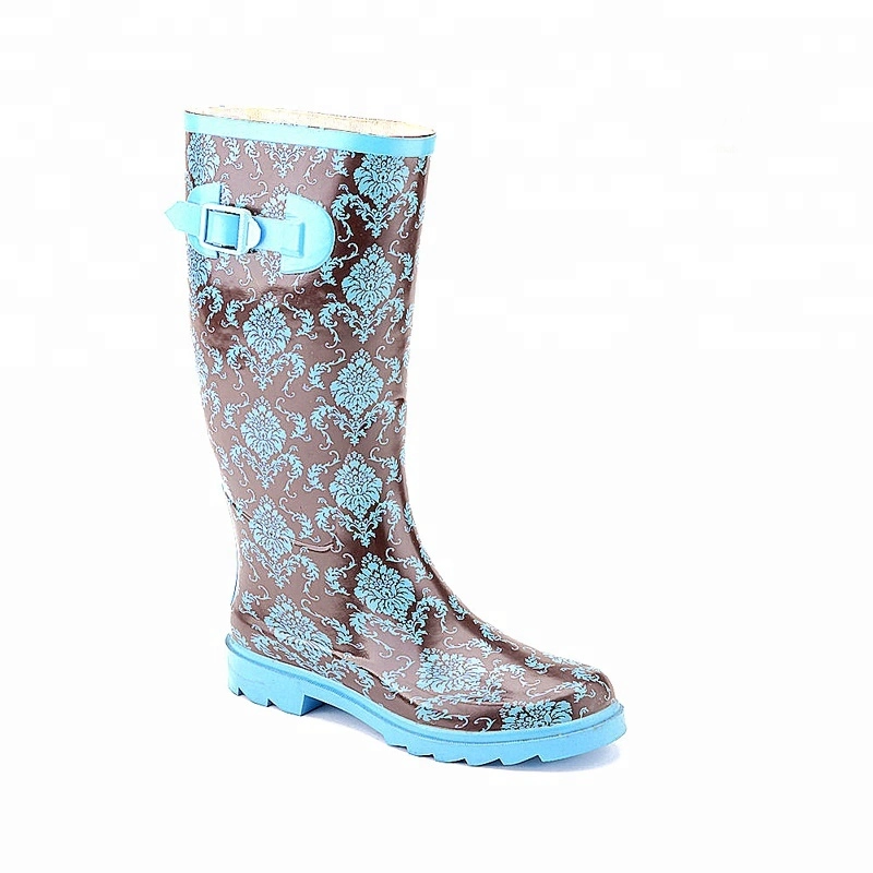 Hotsale Personalized Matt Finish Shine Fancy Pattern Printing Rubber Thigh High Heel Ladies Wellies Rain Boots Online