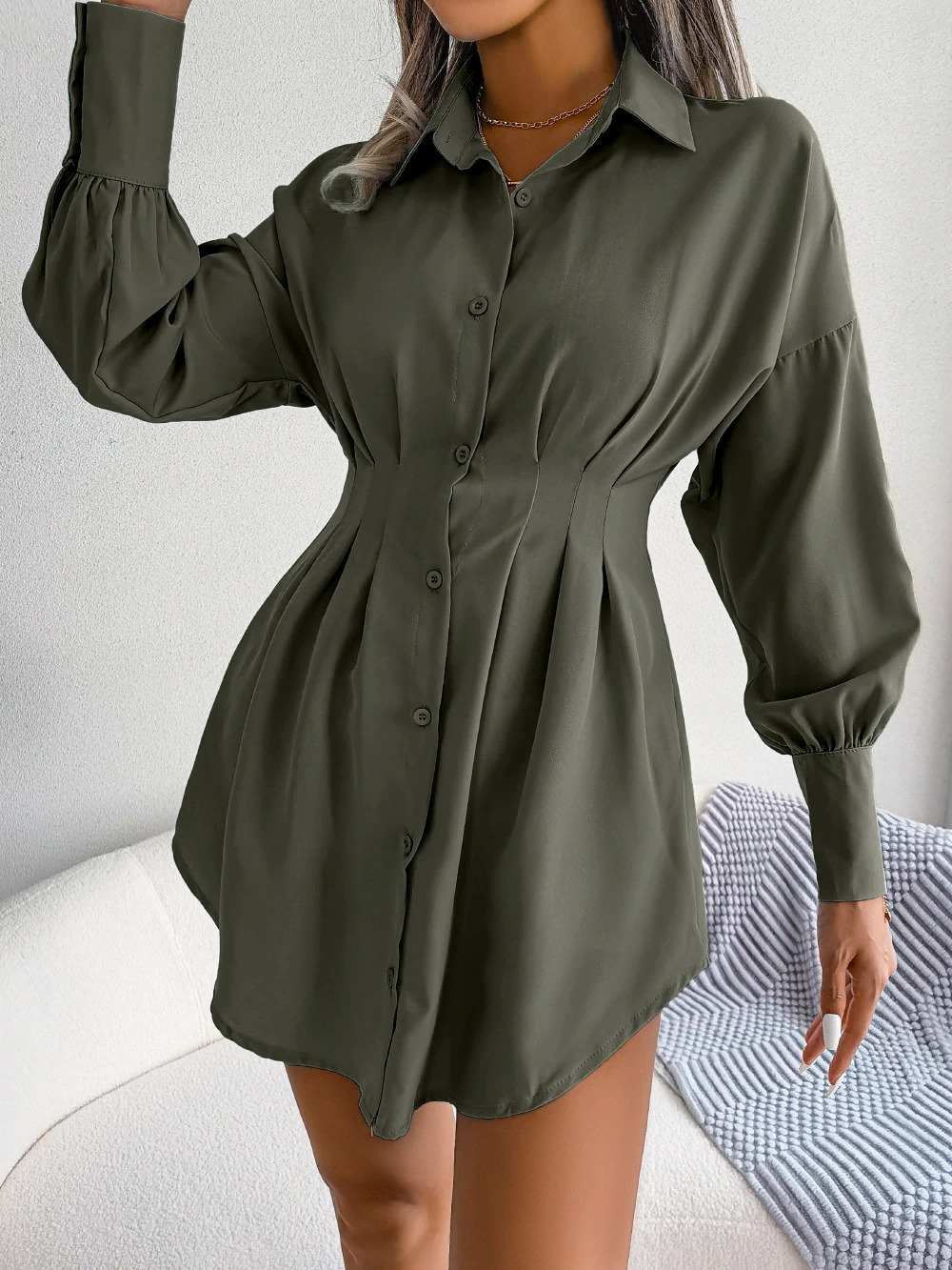 Ins Style Real Shot Autumn and Winter Casual Lantern Sleeve Tucked Waist Asymmetrical Dress Shirt Skirt Amazon Cross-Border Women's Wear