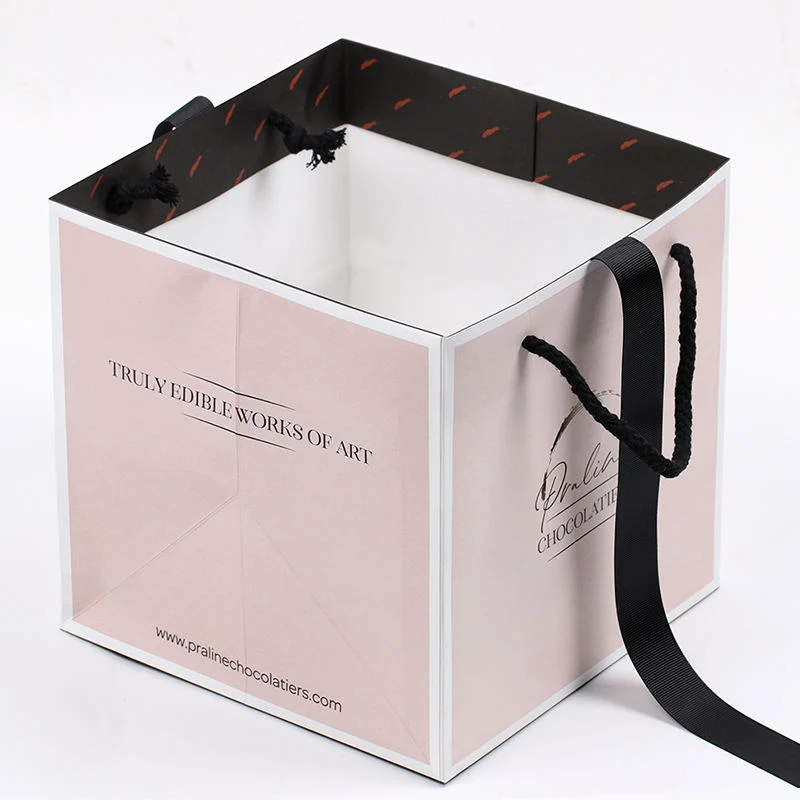 Custom Logo Printing Luxury Square Pink Fashion Shopping Retail Gift Paper Bags with Ribbon Handle