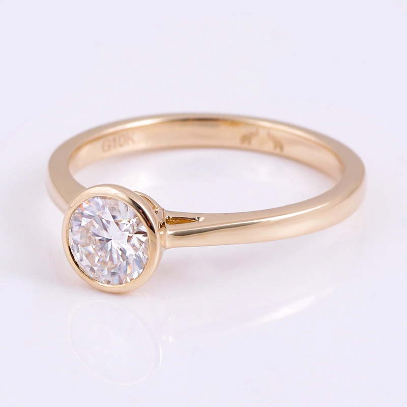 Customized 10K 14K 18K Solid Yellow Gold Ring Round Heart and Arrow Moissanite Bezel Setting Engagement Ring