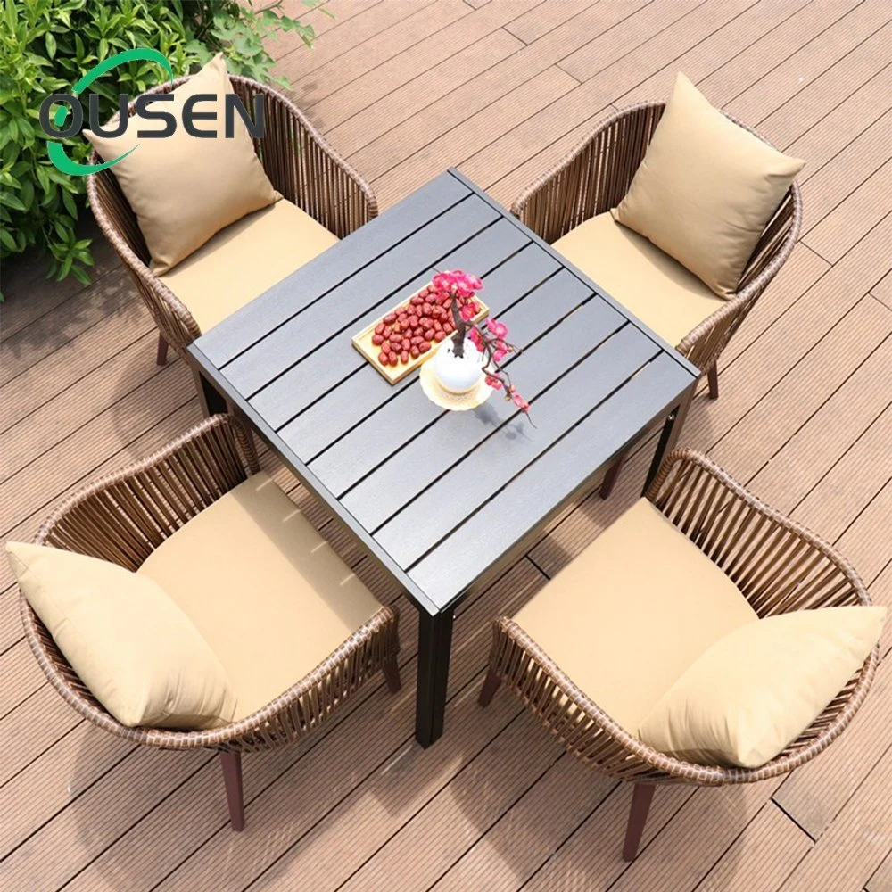 Perfect Outdoor Swimming Pool Side Furniture for Backyard 4 Seater Plastic Rattan Woven Bar Table and Stools