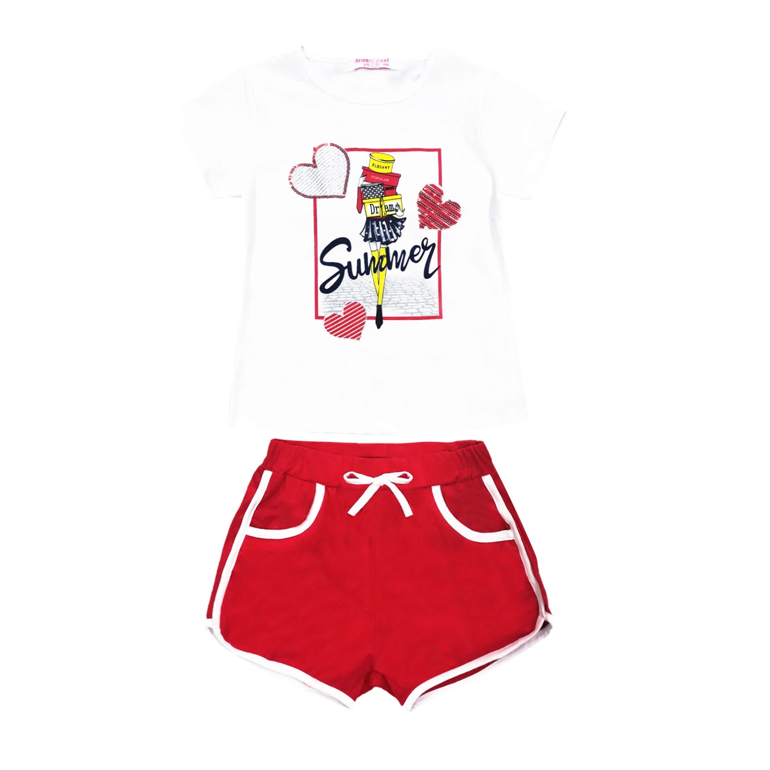 Most Popular Europe Kid Suit Fashion Beaded Embroidered Tshirt Summer Girls Sports 2PCS latest Printing Pattern Clothes