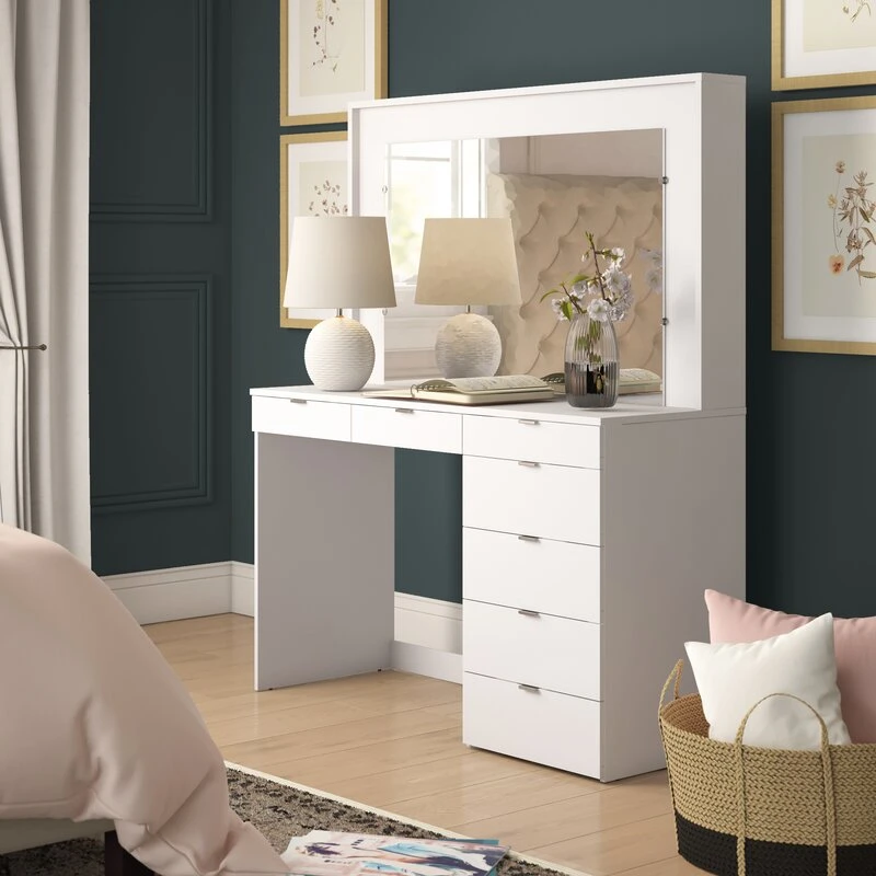 أثاث غرفة نوم خشبية بيضاء كبيرة فساتين طاولة ماكياج فانيتي مع المرآة