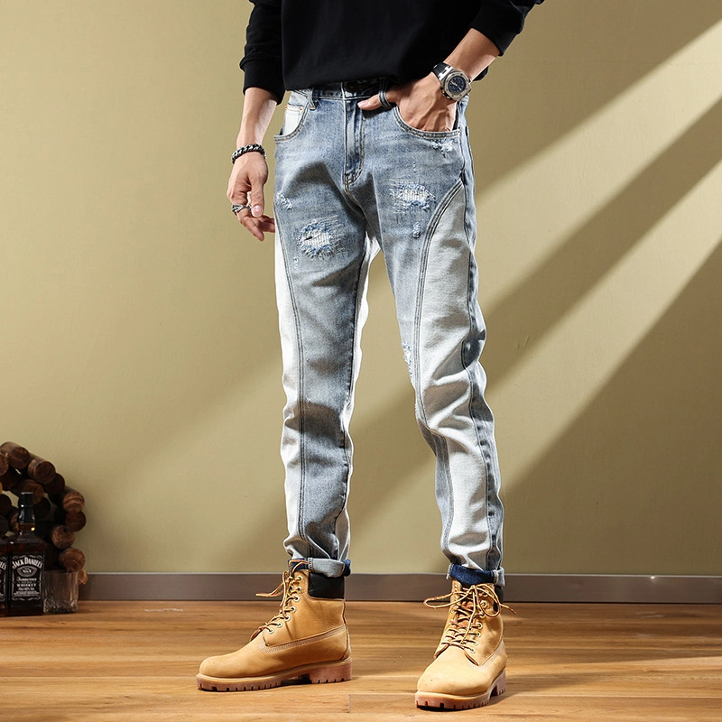 Spring and Autumn Splicing Jeans Ripped Tide Ins High Street Men&prime; S Tide Brand Elastic Slim Embroidery Patch Locomotive Small Foot Pants (CFJPM-020)