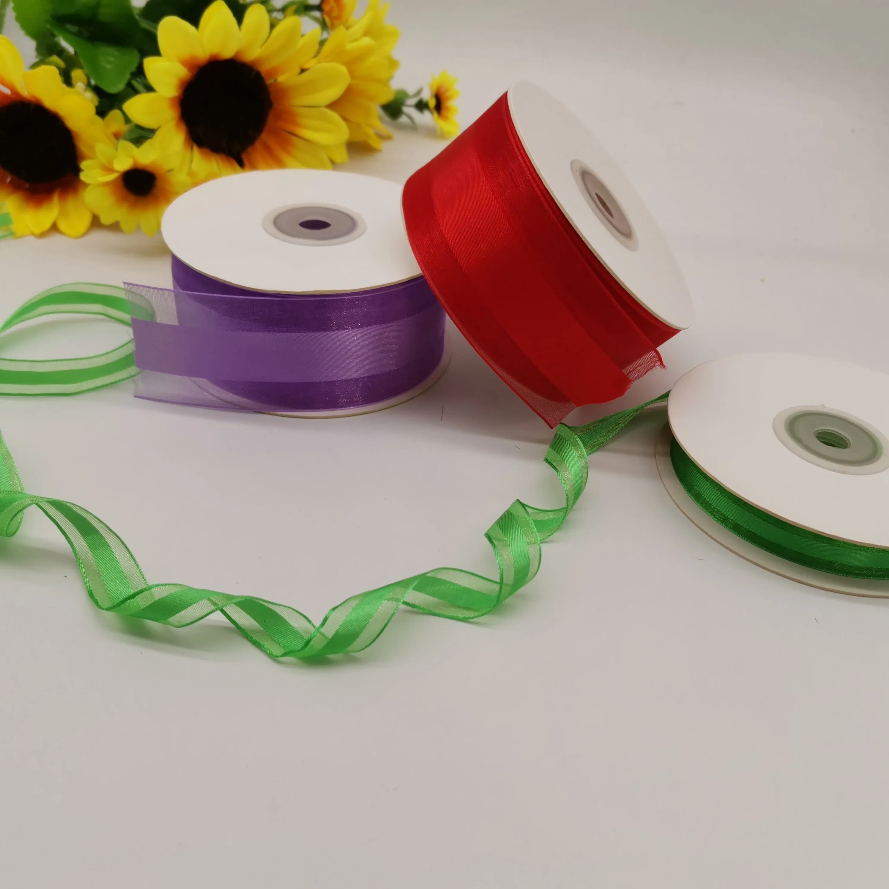 100% Nylon Sheer Ribbon with Satin Center for Christmas/Decoration/Hair Bows/Wedding