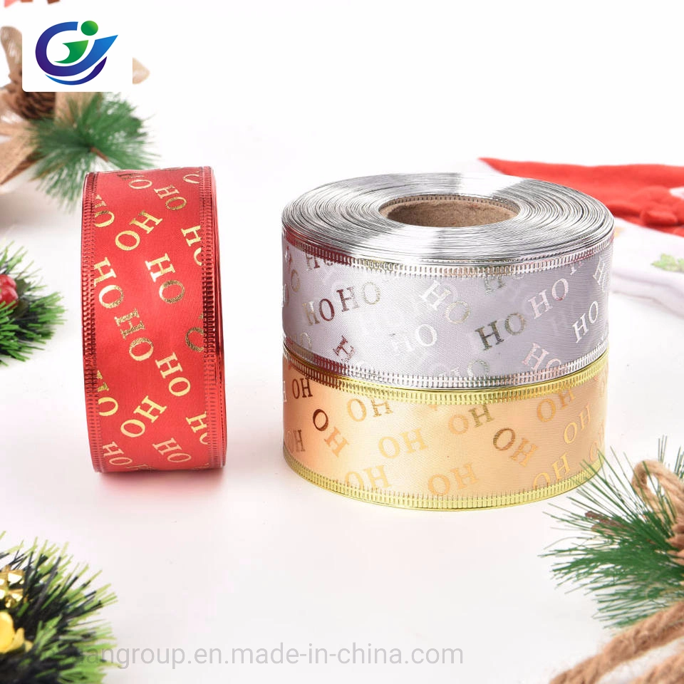 Factory Price Foil Gold Printed Xmas Tree Deer Santa Claus Snowman Grosgrain Stain Ribbon for Packing