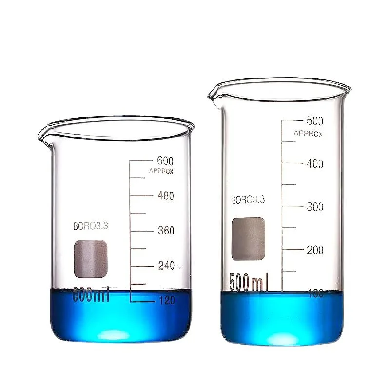 Laboratoire Chimie Bécher en verre borosilicaté 3.3 de forme haute de 250 ml, 500 ml, 1000 ml et 2000 ml.