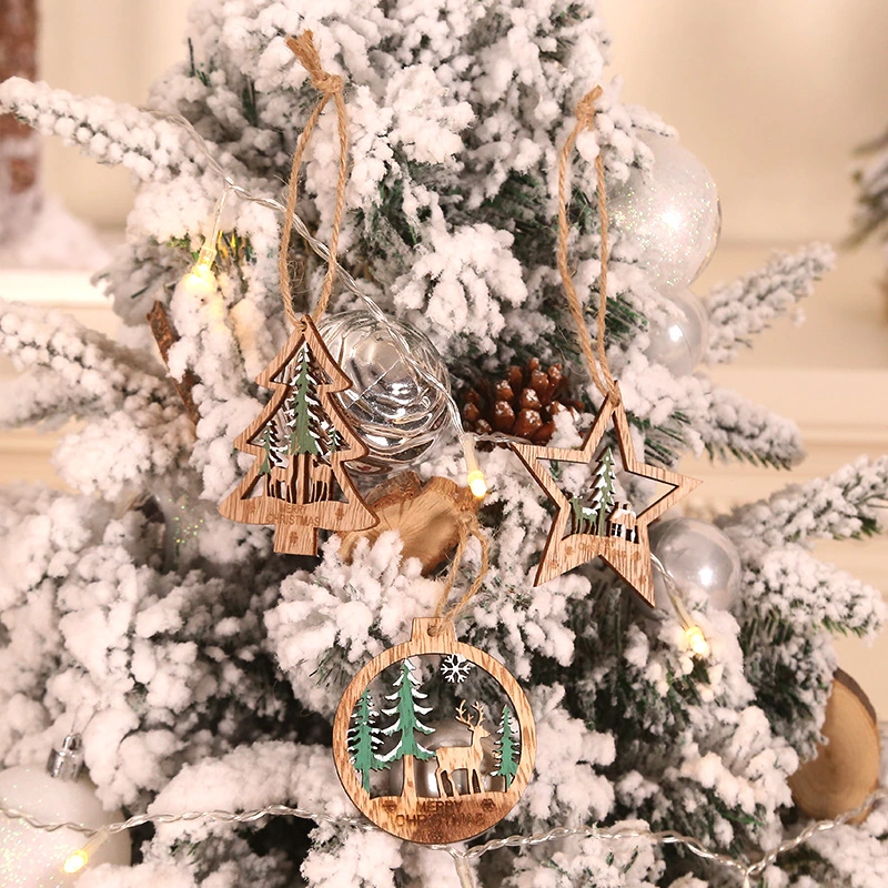 6 PCS Cute Beautiful Christmas Wooden Hanging Decoration with Five Point Star for Xmas Home