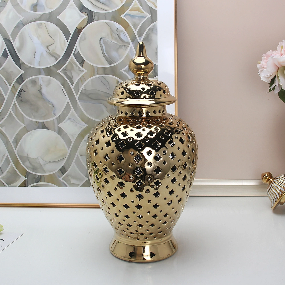 J126g Nordic Ceramic Dry Flower Arrangement Porcelain Hollow out Vase Gold Ginger Jar Luxury Home Decor