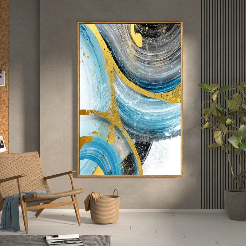 Custom Golden Floating Frame Wall Art HD Print Abstract Golden Blue Picture Home Decor Canvas Painting