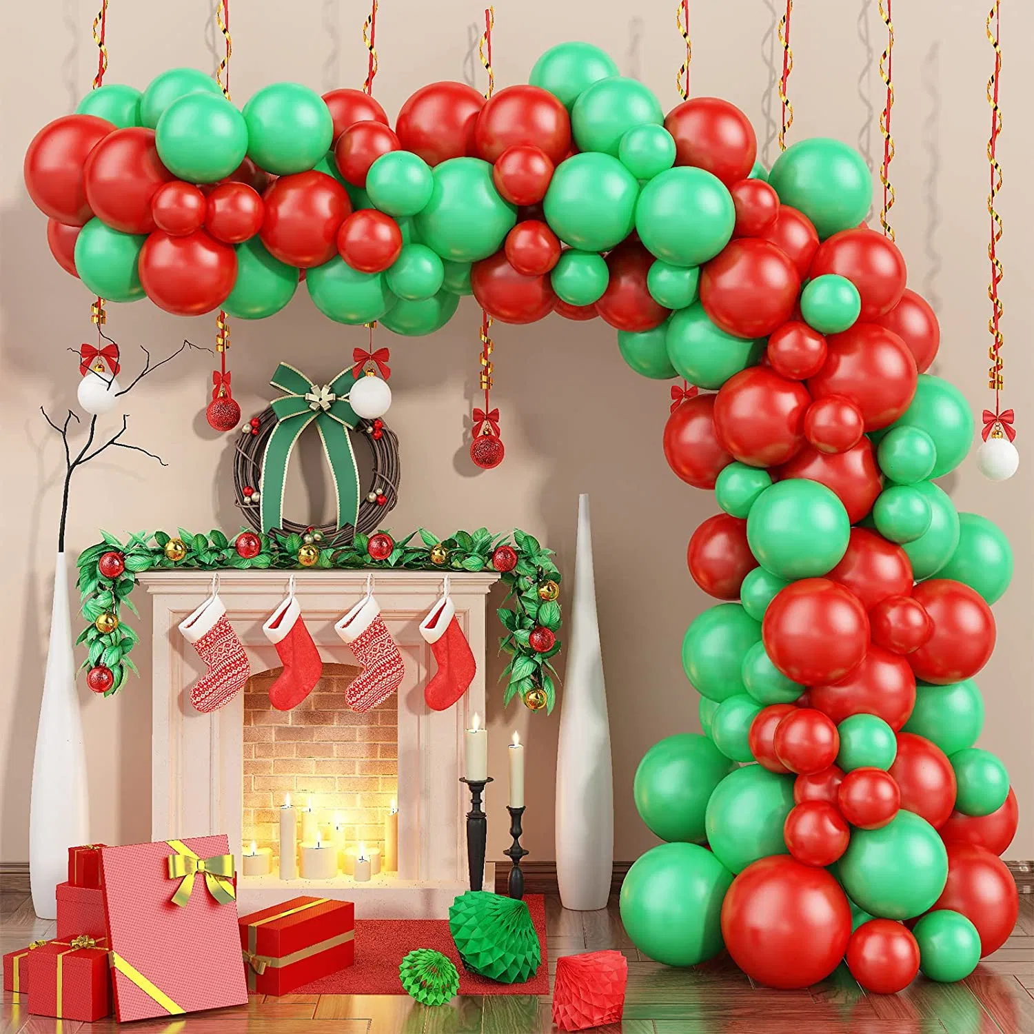 93PCS Red Green Christmas Garland Balloon Arch Kit, Red Green Latex Balloons for Kids Christmas Party Decorations New Year Holiday Party Supplies