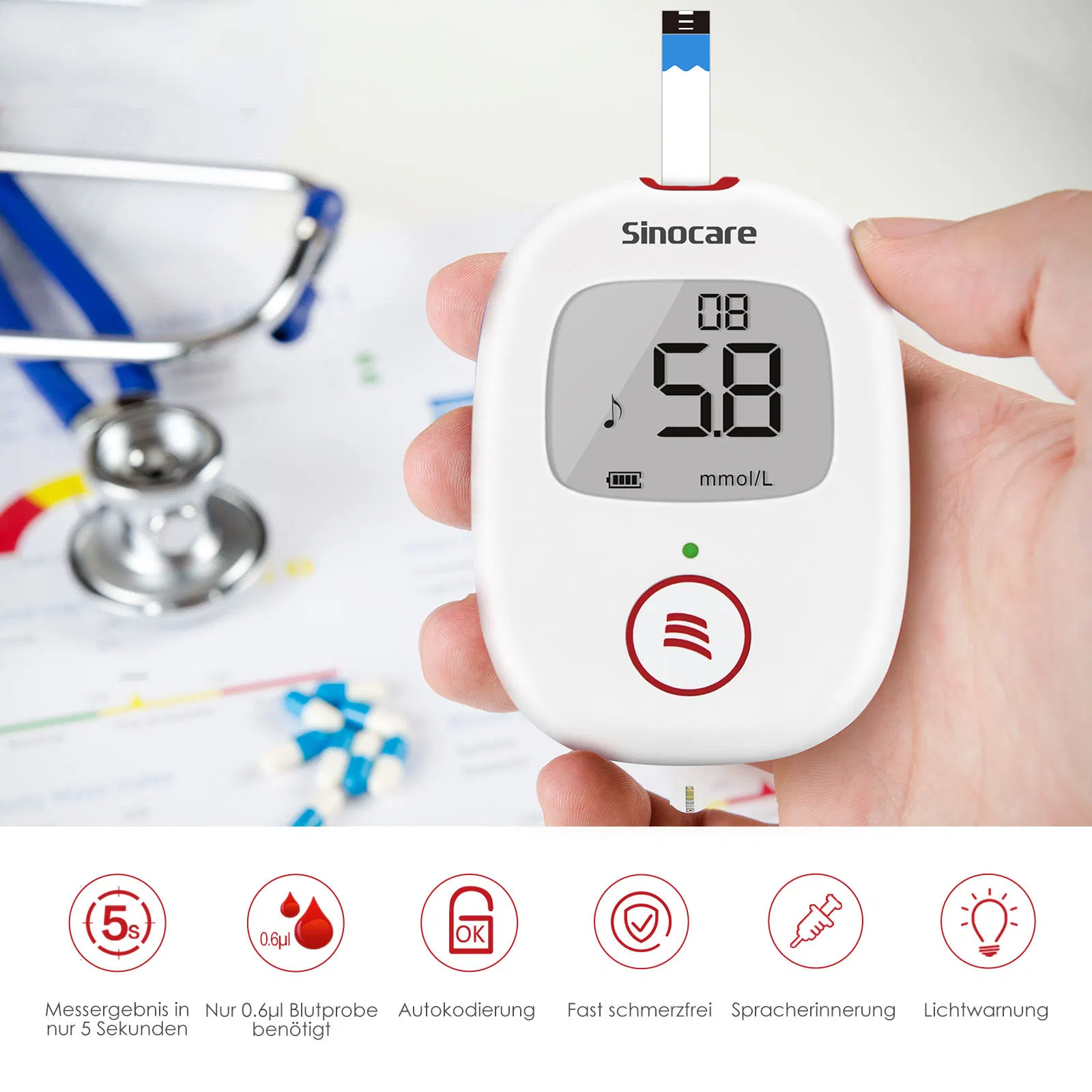 Sinocare Medical Supply Blutzuckermessgerät Glucometer Glucometro Teststreifen Glycemie-Streifen-Glukosesensoren