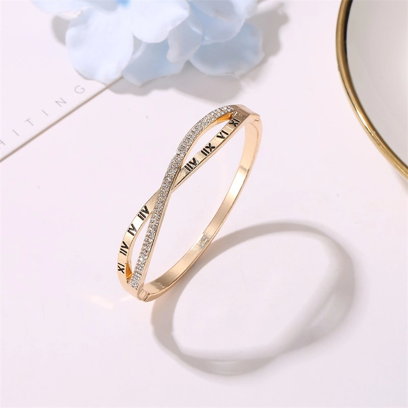 Stainless Steel Bracelet Bangles for Women Roman Numerals Bracelet with Rhinestones Esg14191