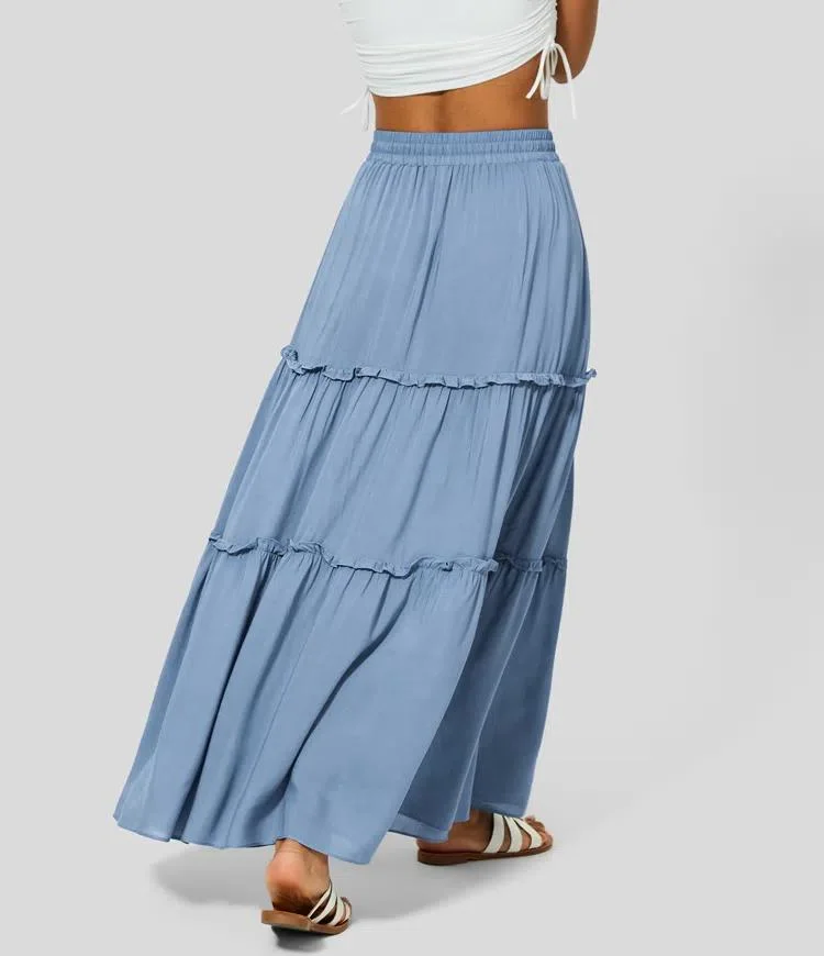 Haut Waisted ceinture élastique cordon Falbala Flowy Maxi jupe occasionnel