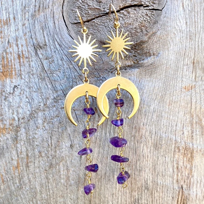 New Hippie Tribal Sun Crescent Earrings Brass Color Witchy Jewelry Bohemia Birthday Magical Clear Stone Point Women Fashion Gift