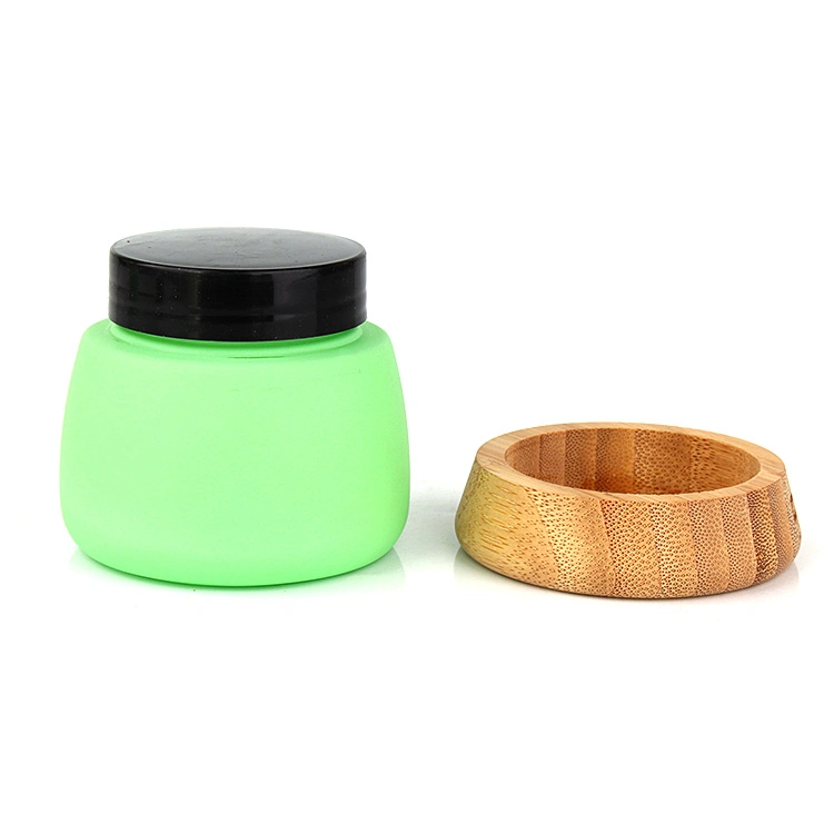 Luxury Beauty Cosmetic Packaging Container 120ml 4oz Green Facial Mask Cream Glass Jarwith Bamboo Wooden Lid