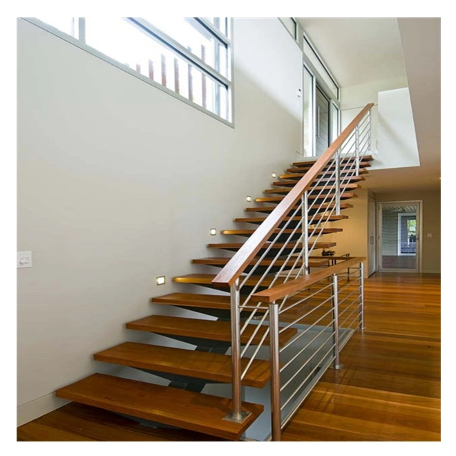 Custom Size Wooden Treads Steps Staircase with Frameless Glass and Stainless Steel Accessories Railing