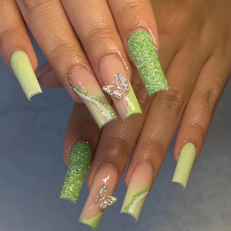 French Style Green and Pink Crystal Butterfly False Nails