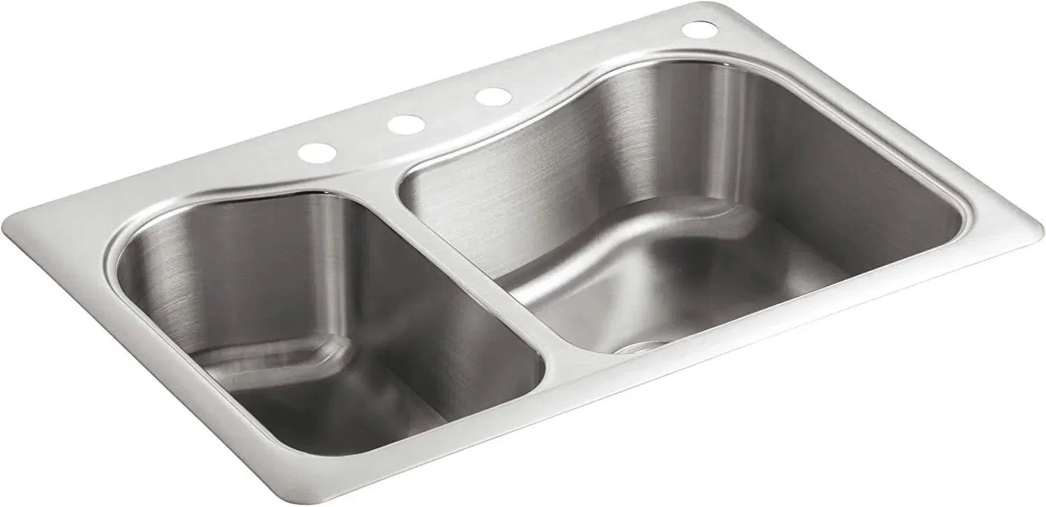 Double Bowl Stainless Steel 4-Hole Countertop Kitchen Sink Customized Color Coating Selected