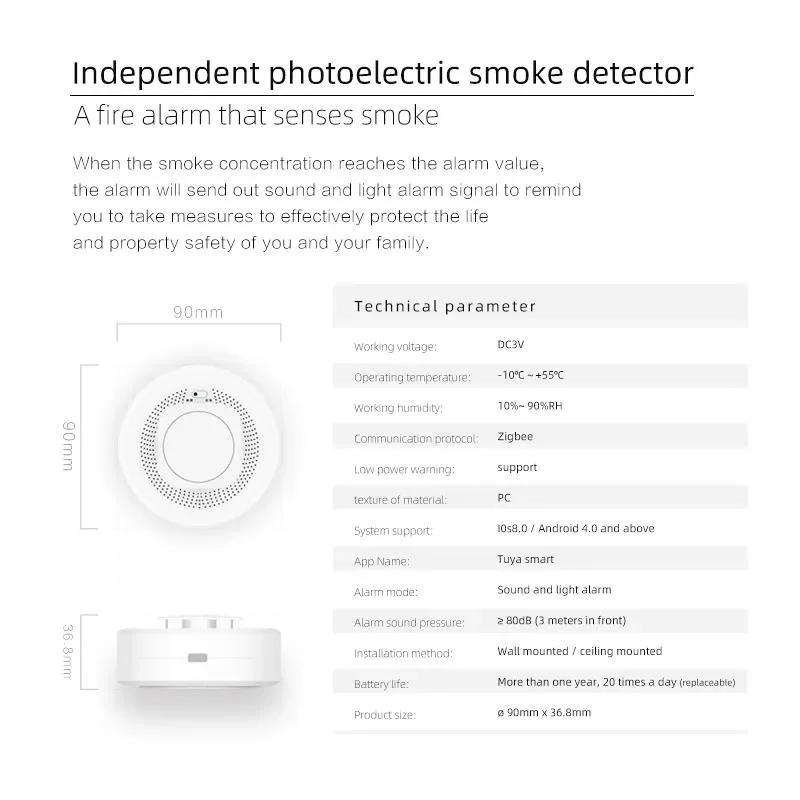 جهاز الكشف عن مستشعر الدخان لإنذار الحريق المنزلي اللاسلكي الذكي Tuya ZigBee أمن المنزل