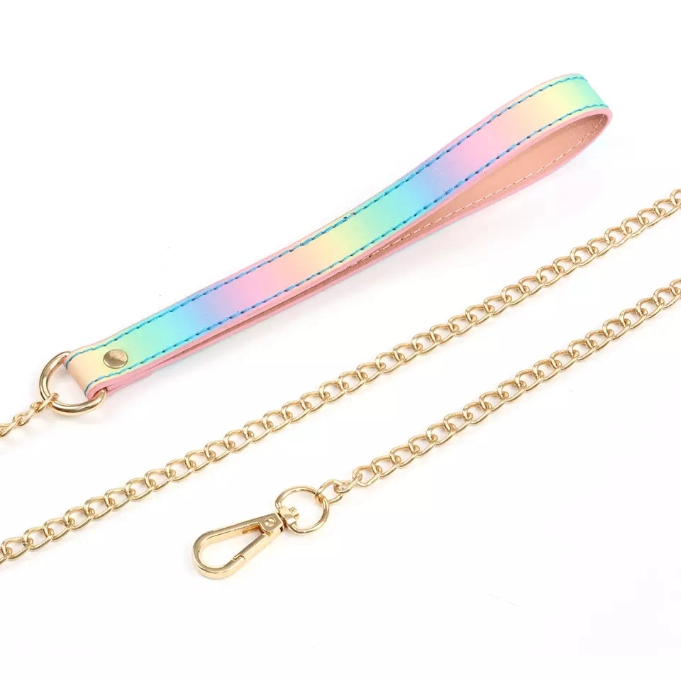 Bdsm Rainbow Leather Bondage Sex Collar Traction Rope Chain Leash Adult Game Dog Chain Punish Neck Collar