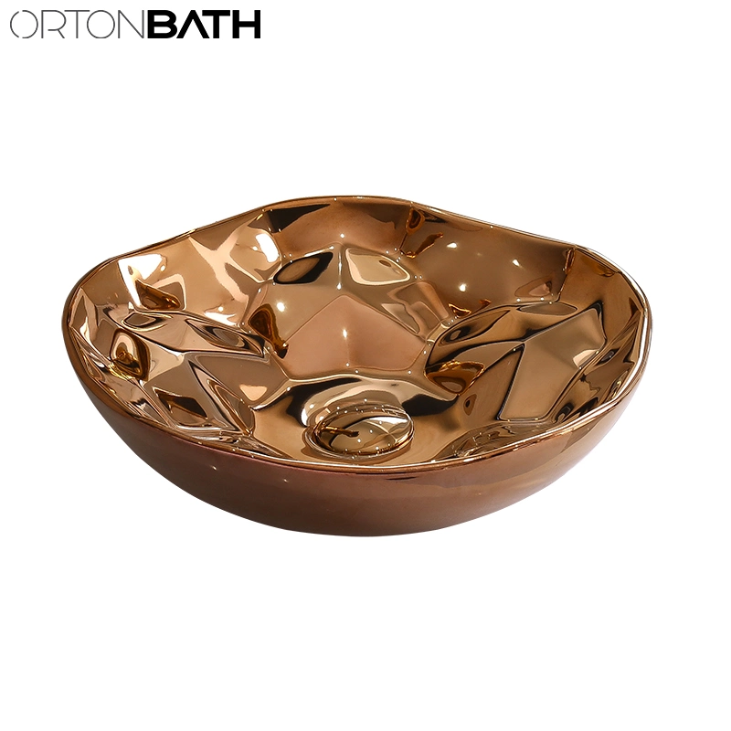 Cuarto de baño de Flores Flor redonda Ortonbath Encimera Cerámica de arte de la cuenca del Gold Electroplated LAVABO lavabo sin grifo mezclador para gabinete de vanidades de baño