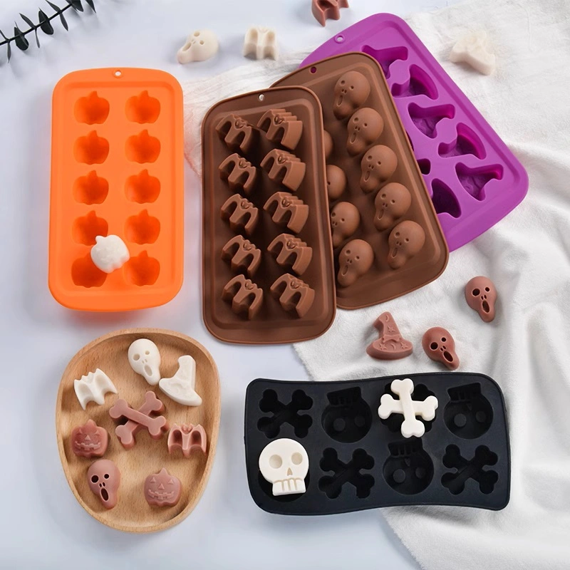 Molde de Silicone para Chocolate de Halloween Abóbora Caveira Morcego Cubo de Gelo Pudim de Leite Condensado Molde para Fazer Doces e Assar