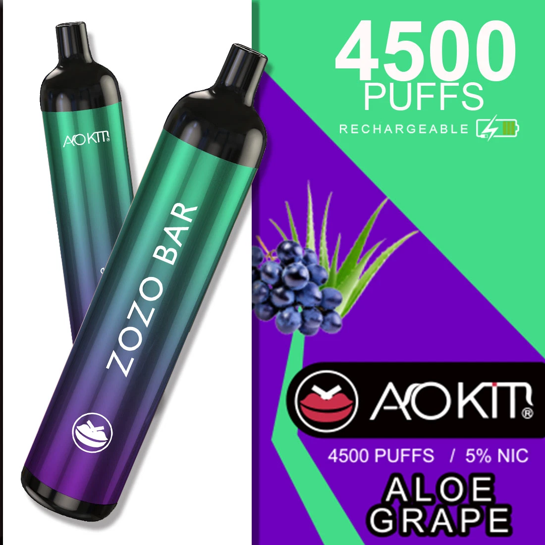Fábrica Aokit 4500 inhalaciones Zozo Bar el hábito de fumar cigarrillo electrónico recargable Vape