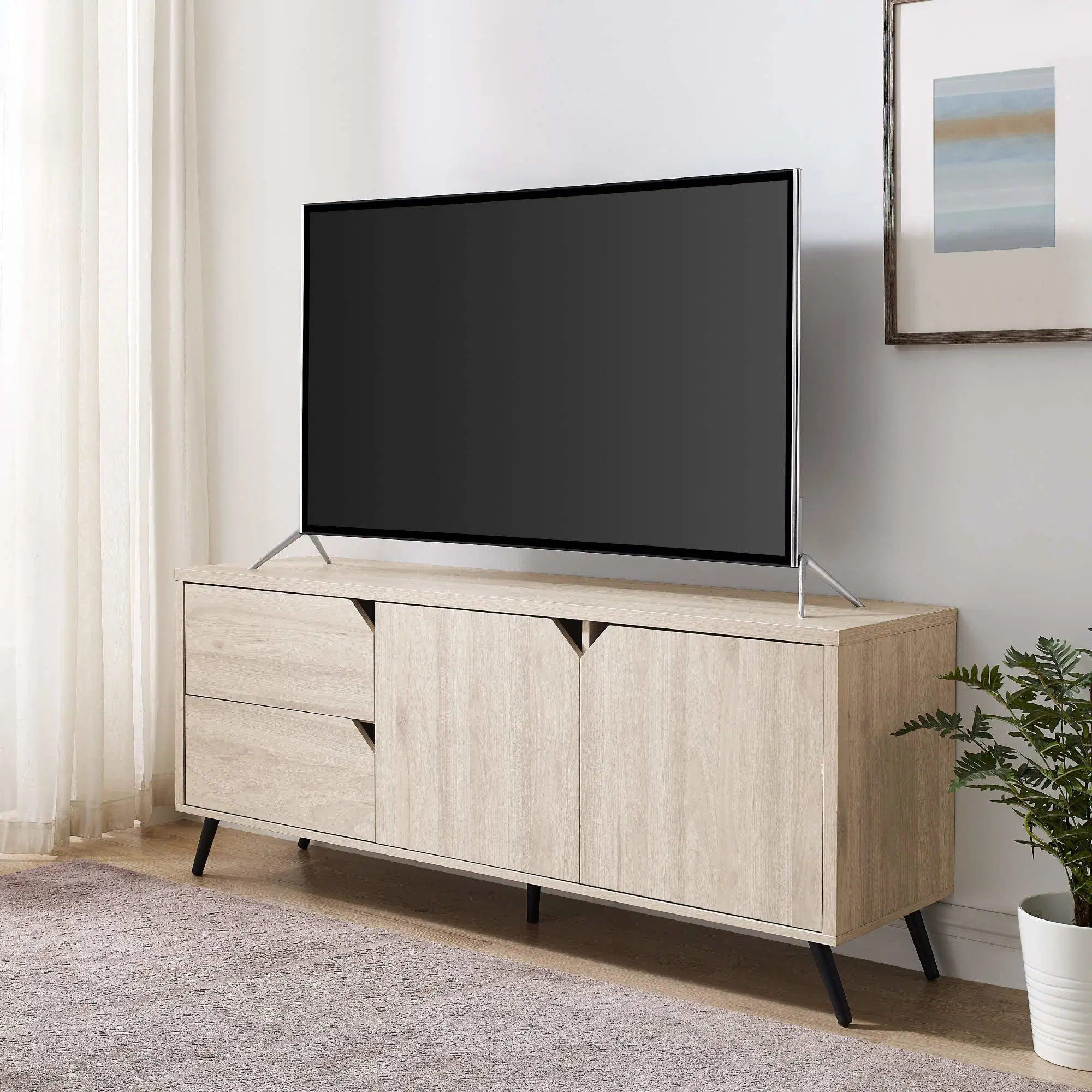 Madera asimétrica de soporte de TV con los armarios y cajones para TV 64" pantalla plana Universal TV Salón de la consola de entretenimiento en las estanterías de almacenamiento