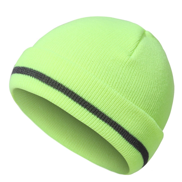 Winter OEM Customized Logo Knitted Cuff Acrylic Outdoor Safety Reflective Hat