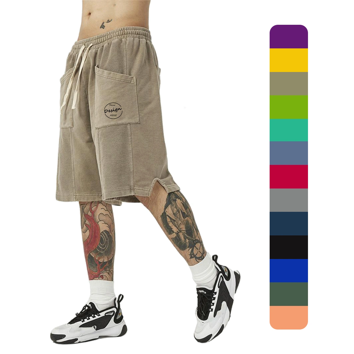 Men's Streetwear Mens Patchwork Cotton Plus Size Cargo Shorts Men Bermuda Knee Length Male Basketball French Terry Short for Men