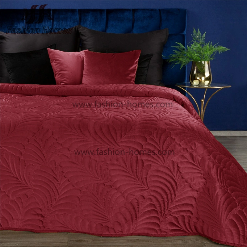 F-4479 de color rojo vino a casa la ropa de cama, se establece el patrón de hojas de palmera Super Juego de colcha terciopelo