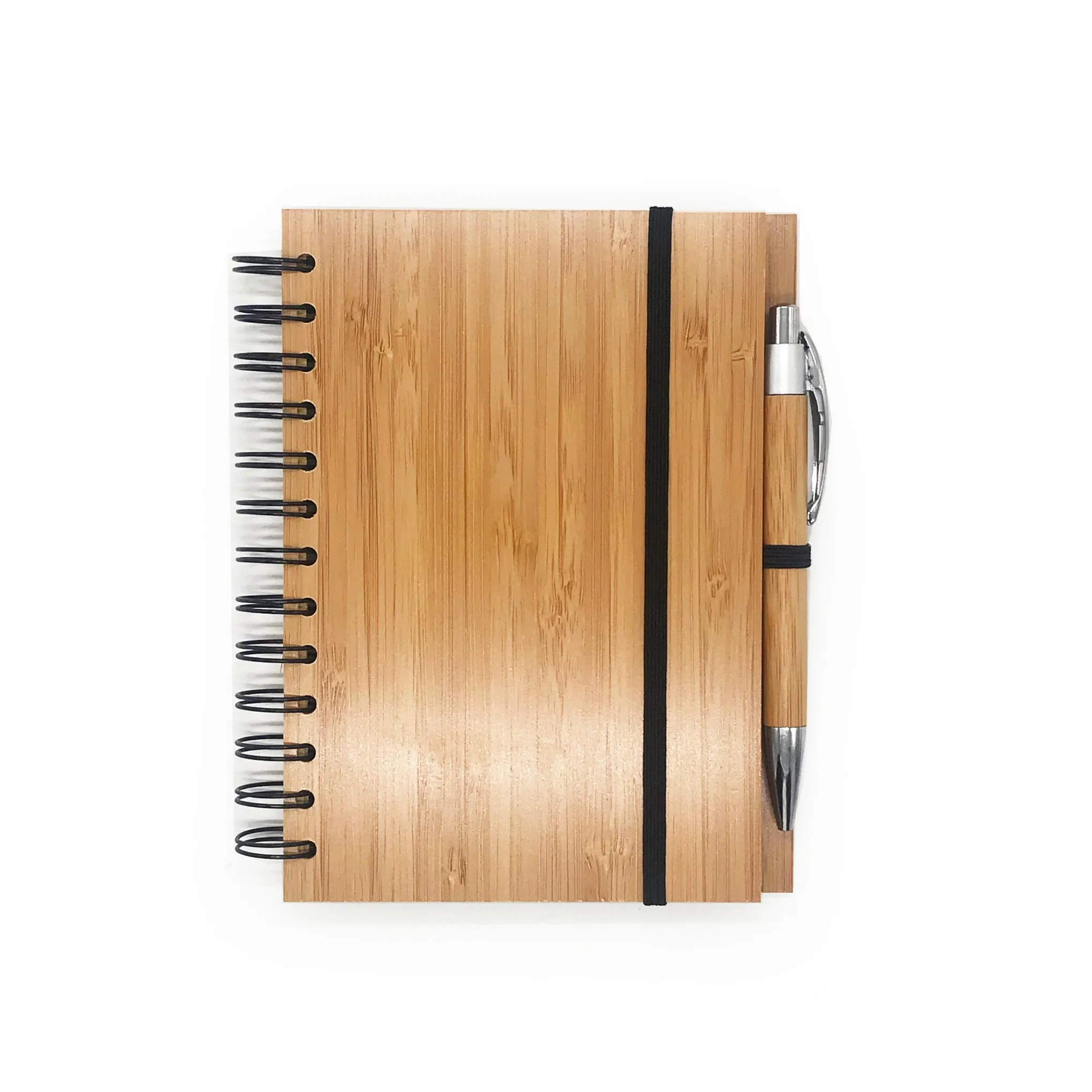 Office Supply Notebook Diary Wooden Bamboo Spiral Cover Notepad with Bamboo Pen for Student