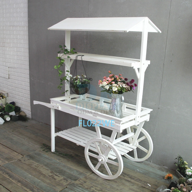 Décoration de chariot en bois blanc Candy en bois Panier à vendre Bar Chariot en bois avec roues pour les fêtes anniversaire de mariage