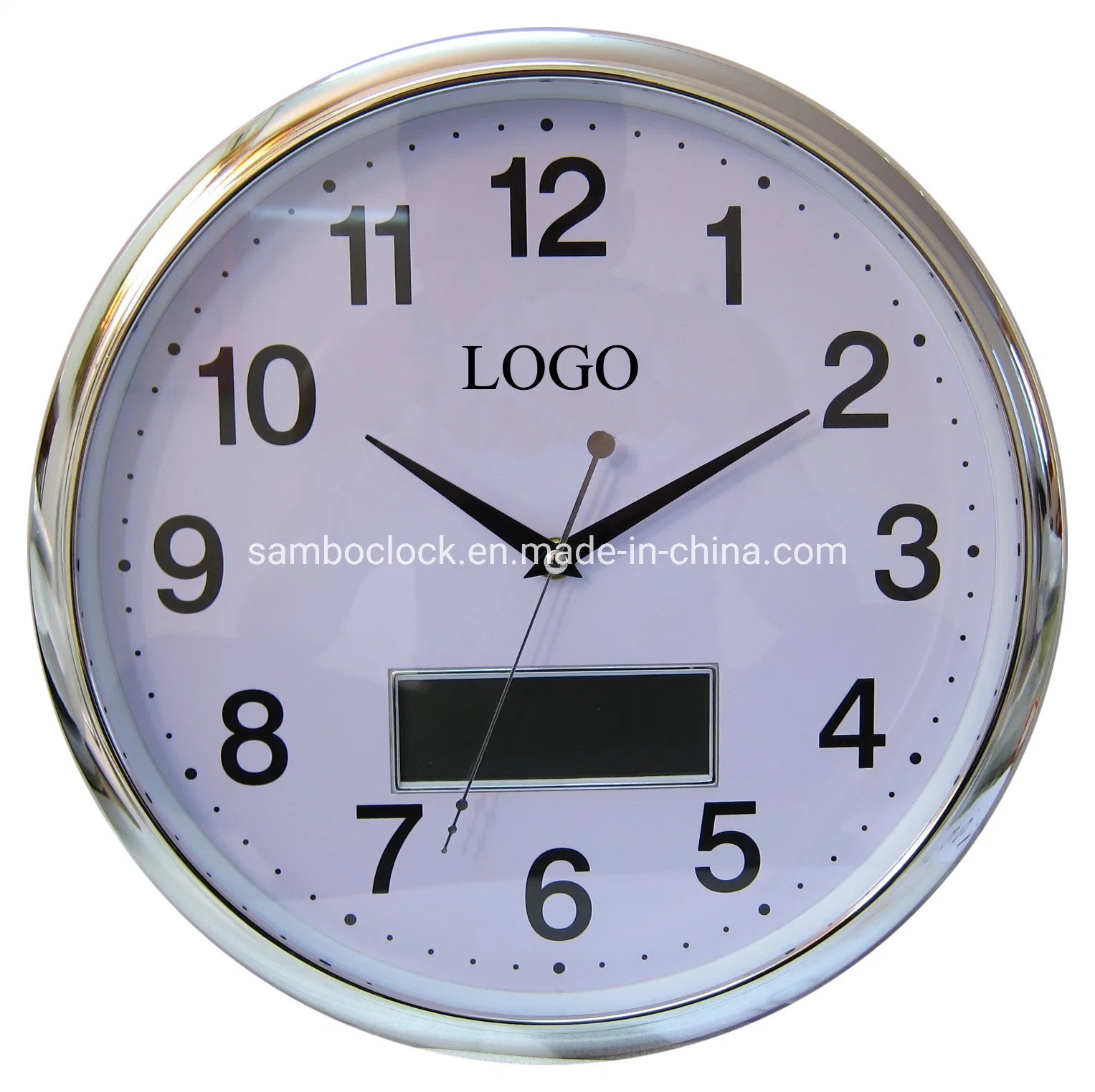 Silver Round LCD Wall Clock with Day and Date for Decoration