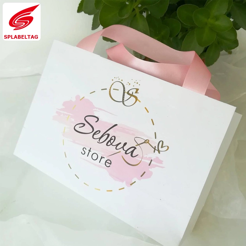 Logo Gift Bags with Light Pink Satin Ribbon Handles 20*14*7cm - Custom Personalized Small Paper Bag for Business Gifts