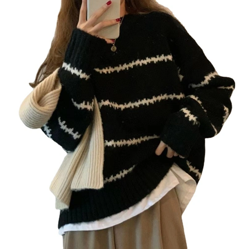 Soft Waxy Round Neck Pullover Sweater Female 2023 Autumn and Winter New Design Sense Striped Knitted Shirt Lazy Wind Top Wholesale/Supplier