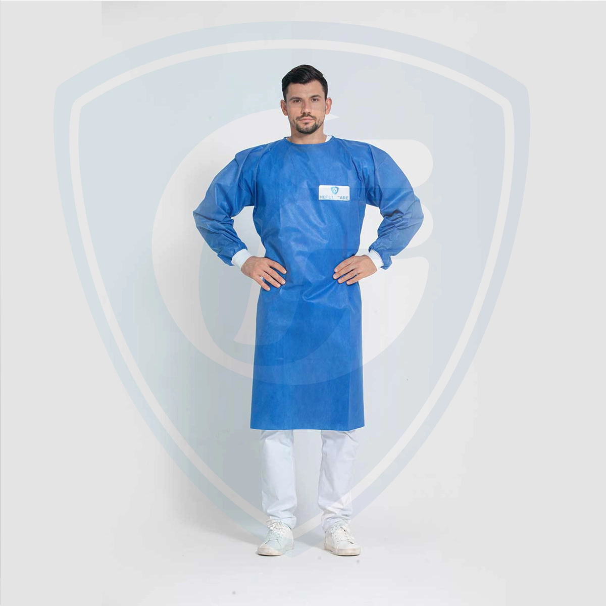 Desechable azul SMS/no tejido quirúrgico/aislamiento manguito de punto bata estéril impermeable Hospital Suministro médico operativo