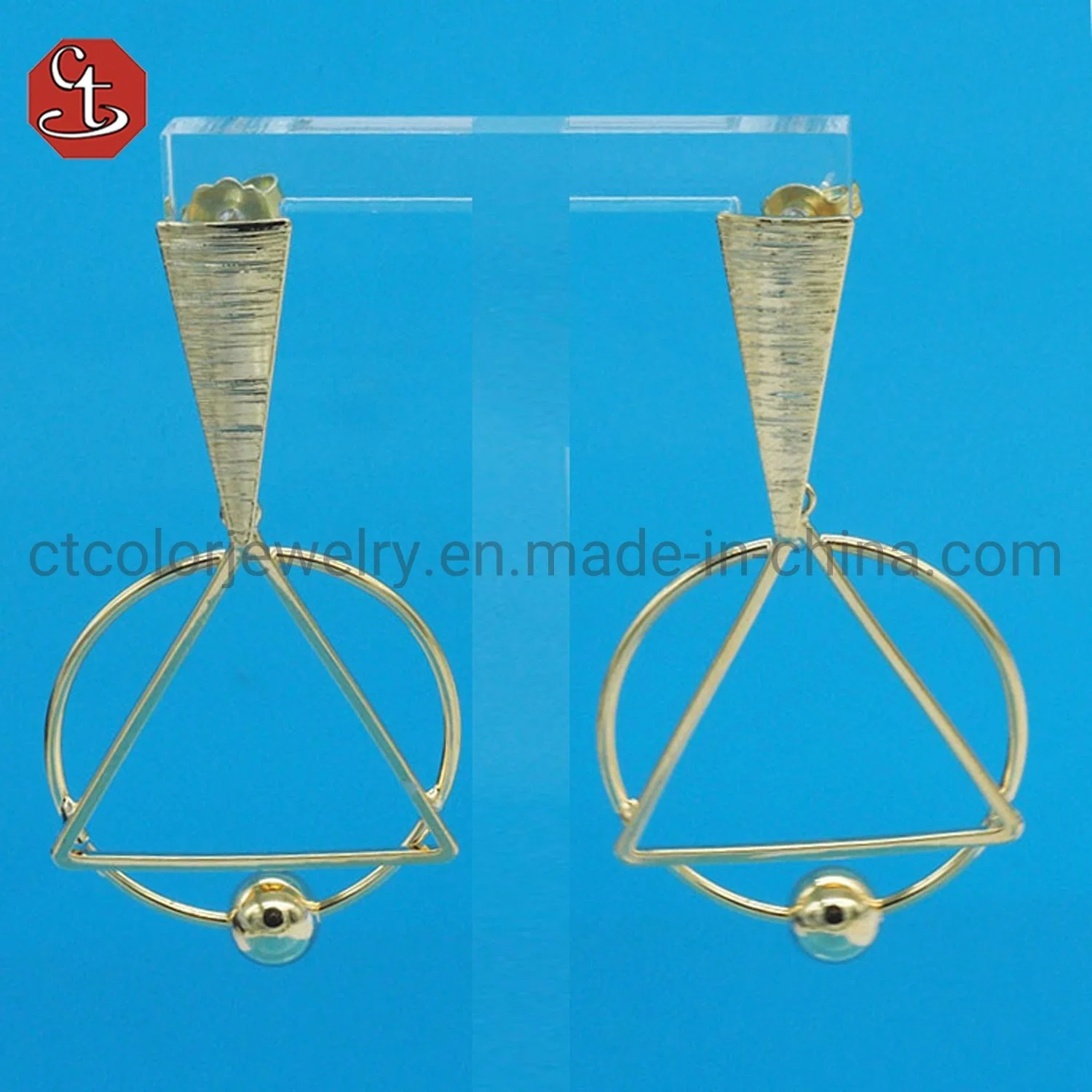 European and American Hot Sales Style & Few Bazel CZ Triangle Drop Dangle Earrings Brass & Silver Jewelry