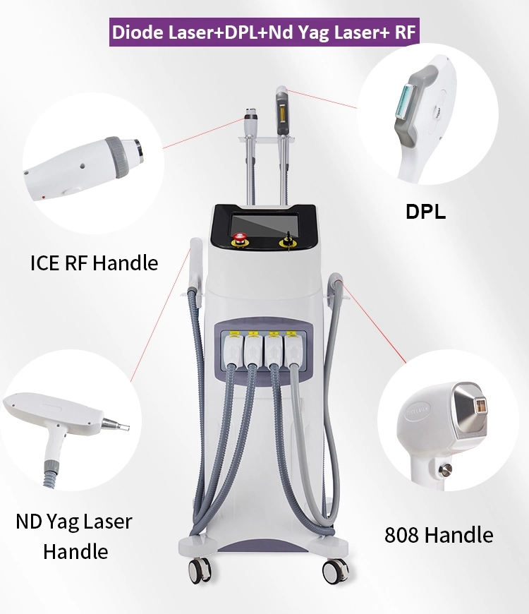 808nm en 1 máquina láser 4 Diodo láser + Tattoo Remoción ND YAG Laser + DPL Hair Removal + RF Máquina de Belleza