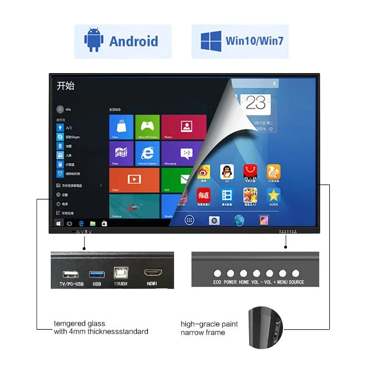 Kingone 75 Zoll Zubehör Schule Büro Whiteboard Interactive Smart Board Touchscreen Digital Boards Schwarz Android Weiß LCD Anti Glass