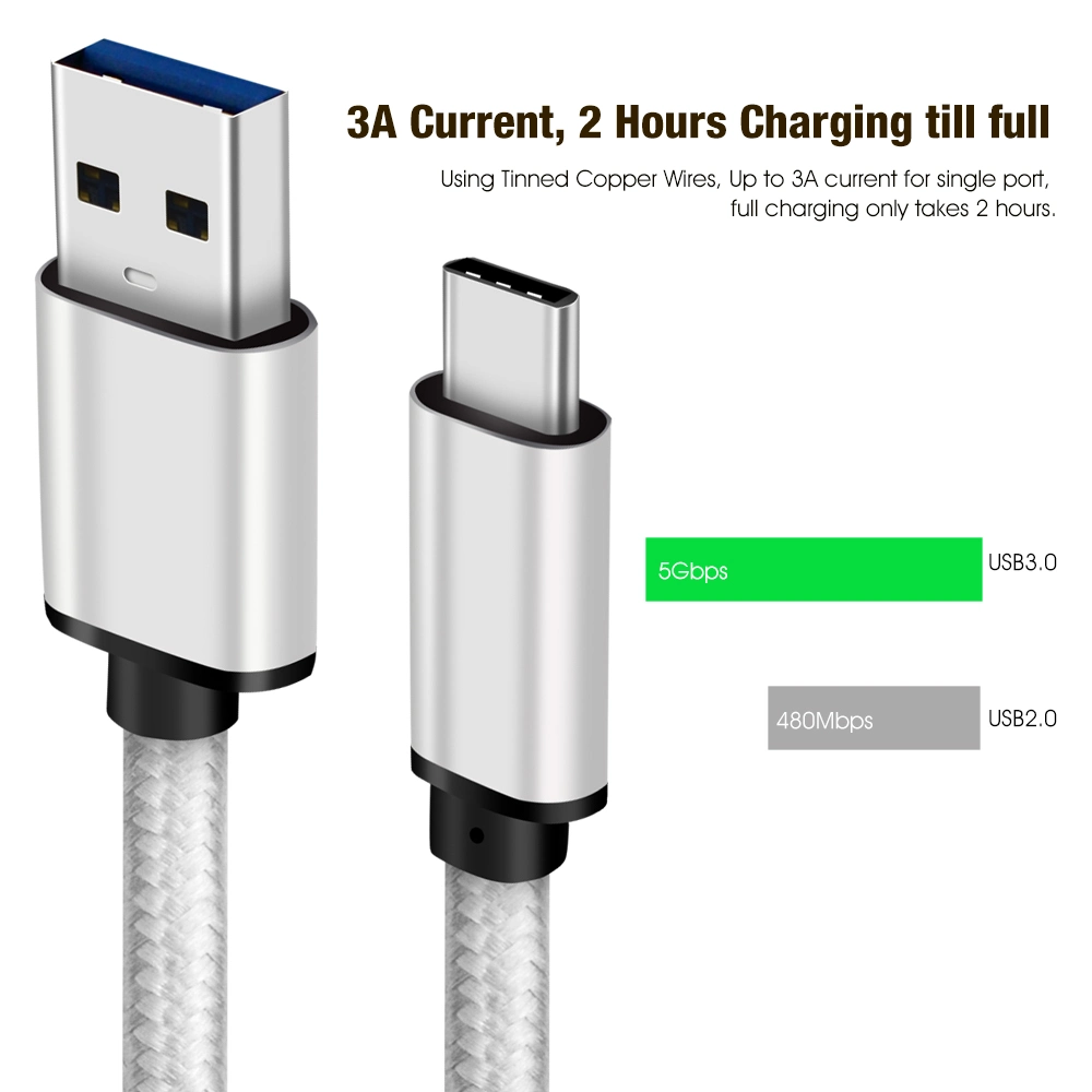 USB 3.0 USB C Fast Charger Cable Support 3A Fast Charging and 5gbps Data Transfer with Nylon Braided and Aluminum Case