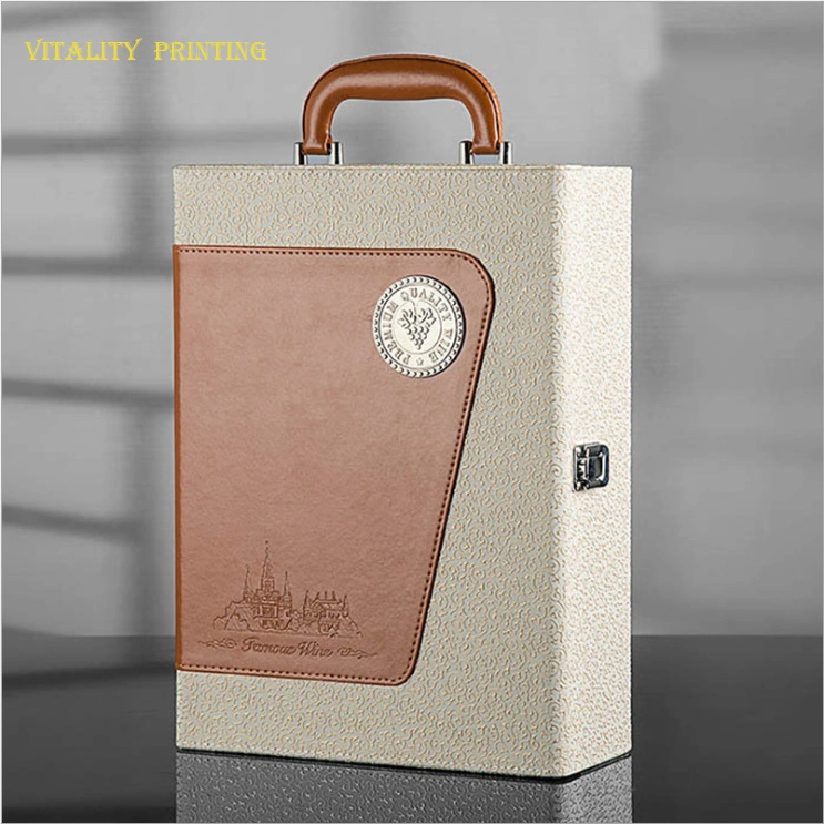 Custom Wholesale/Supplier Luxury Europe Style Classical Portable PU Leather Wine Packaging Box Liquor Wooden Gift Packing Box/Spot Leather Case/Two Bottles Package