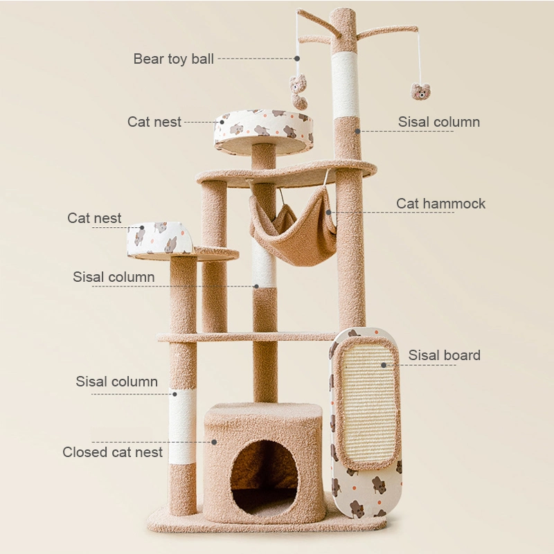 2023 Fashion Design High quality/High cost performance  Luxury Plush Condo Tree Tower with Hammock Bed Sisal Cat Climbing Frame